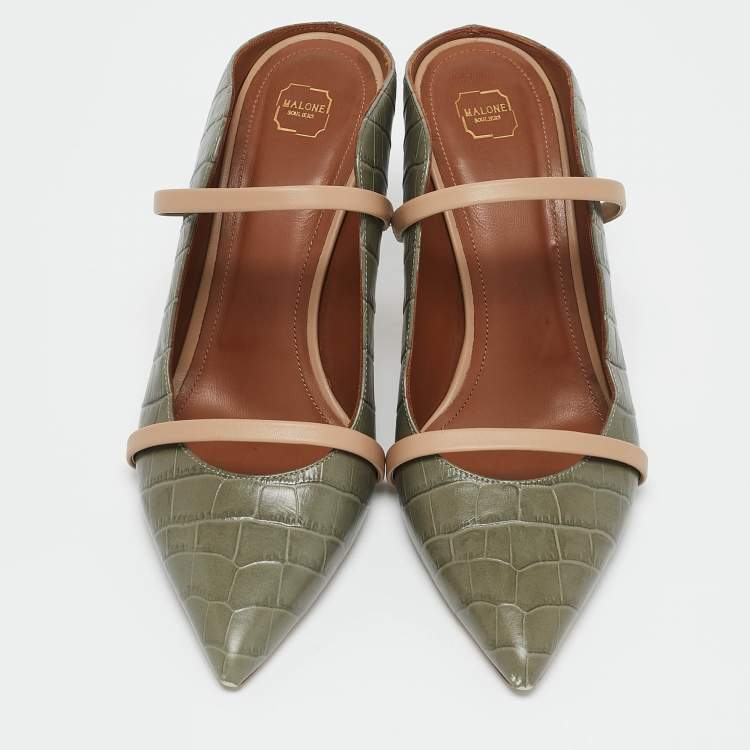 Pre Owned Malone Souliers Army Green/Beige Croc Embossed Leather Maureen Mules Size 40.5