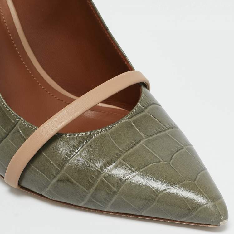 Pre Owned Malone Souliers Army Green/Beige Croc Embossed Leather Maureen Mules Size 40.5