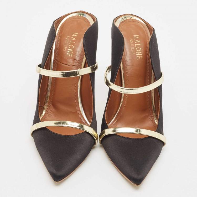Pre Owned Malone Souliers Black/Gold Satin and Leather Maureen Mules Size 38.5