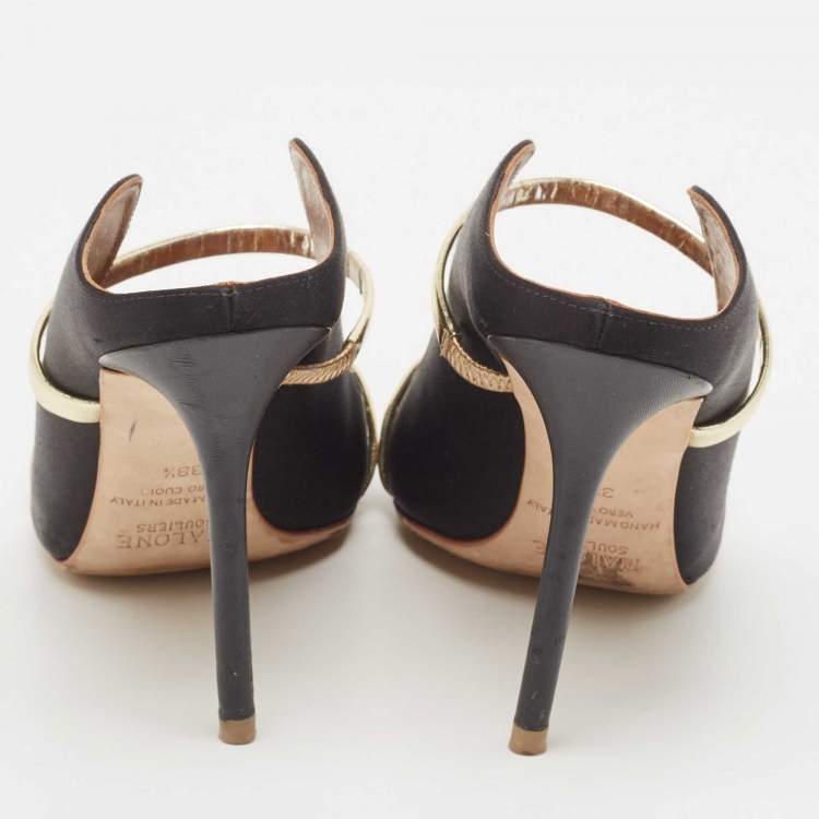 Pre Owned Malone Souliers Black/Gold Satin and Leather Maureen Mules Size 38.5