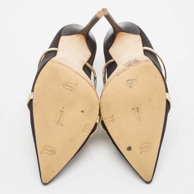 Pre Owned Malone Souliers Black/Gold Satin and Leather Maureen Mules Size 38.5