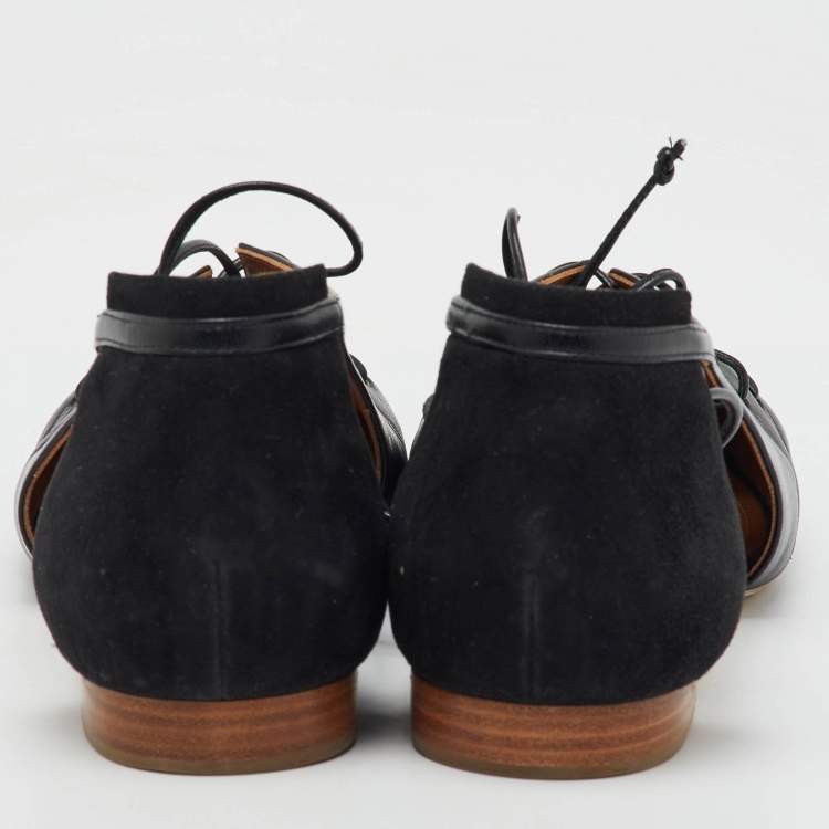 Pre Owned Malone Souliers Black Leather and Suede Montana Lace Up Pointed Toe Flats Size 40.5