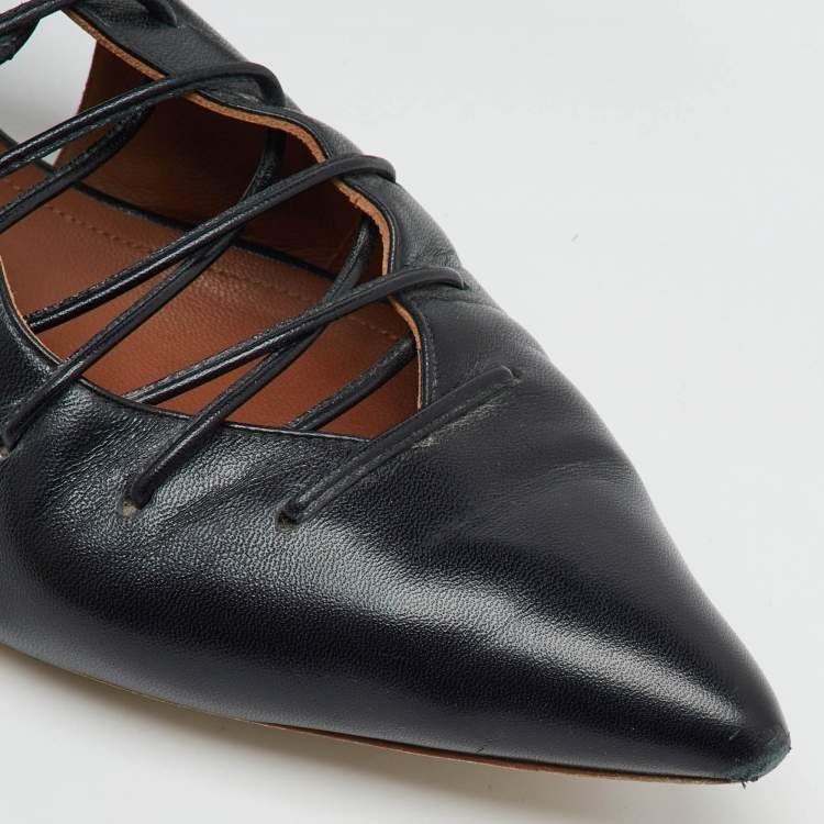 Pre Owned Malone Souliers Black Leather and Suede Montana Lace Up Pointed Toe Flats Size 40.5