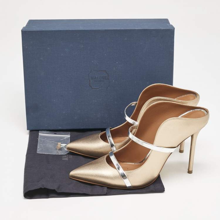 Pre Owned Malone Souliers Gold/Silver Leather Maureen Pointed Toe Mule Size 39.5