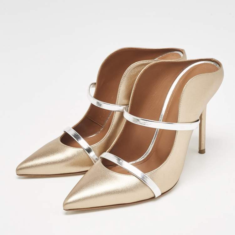 Pre Owned Malone Souliers Gold/Silver Leather Maureen Pointed Toe Mule Size 39.5