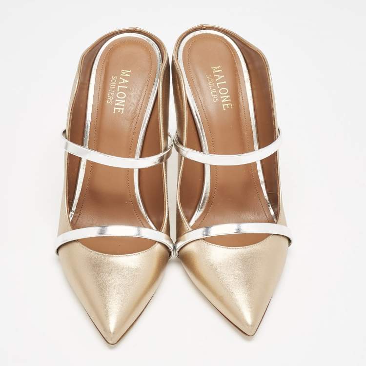 Pre Owned Malone Souliers Gold/Silver Leather Maureen Pointed Toe Mule Size 39.5