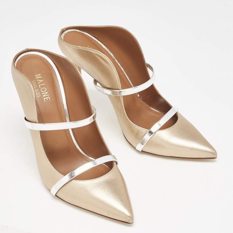 Pre Owned Malone Souliers Gold/Silver Leather Maureen Pointed Toe Mule Size 39.5