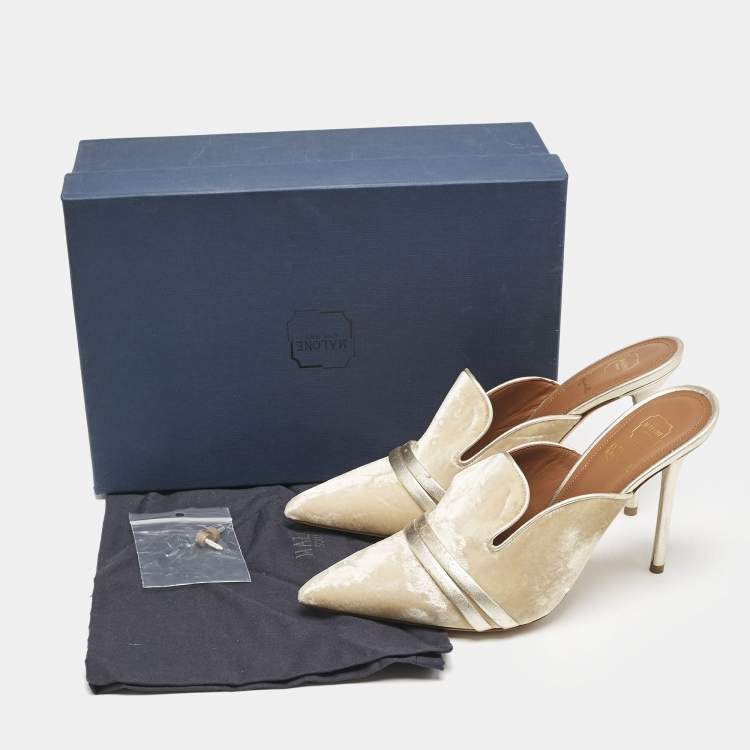 Pre Owned Malone Souliers Beige/Gold Velvet Hayley Pointed Toe Mules Size 39