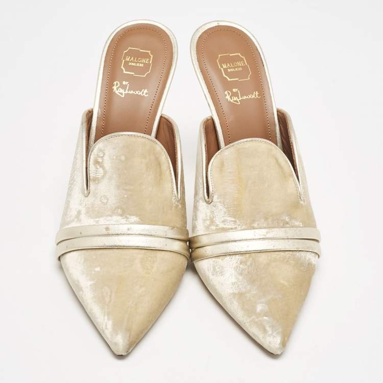 Pre Owned Malone Souliers Beige/Gold Velvet Hayley Pointed Toe Mules Size 39