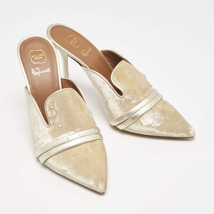 Pre Owned Malone Souliers Beige/Gold Velvet Hayley Pointed Toe Mules Size 39