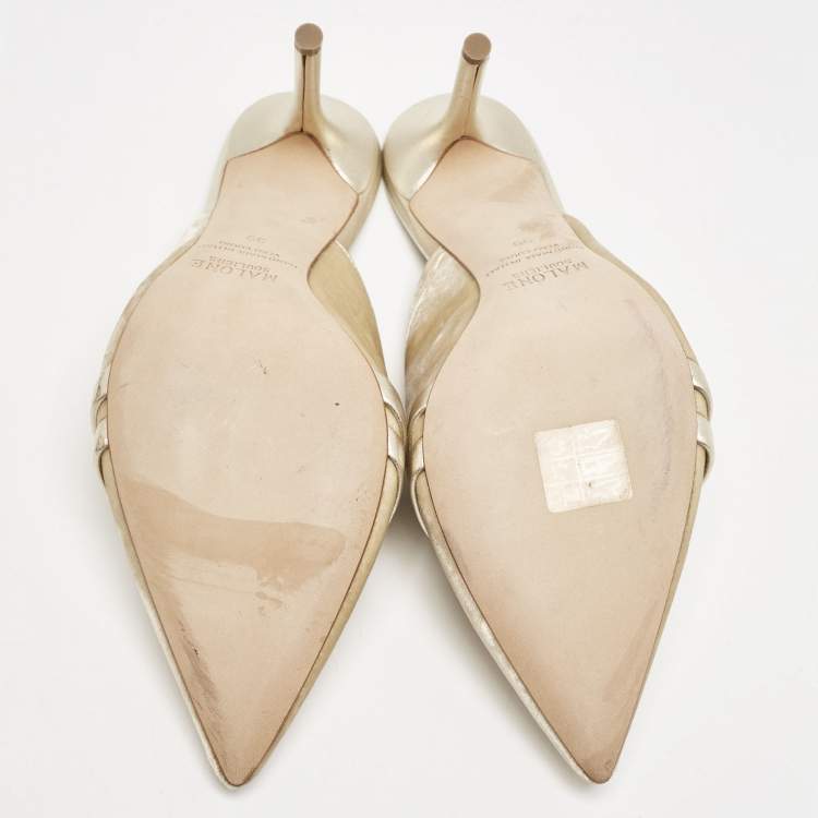 Pre Owned Malone Souliers Beige/Gold Velvet Hayley Pointed Toe Mules Size 39