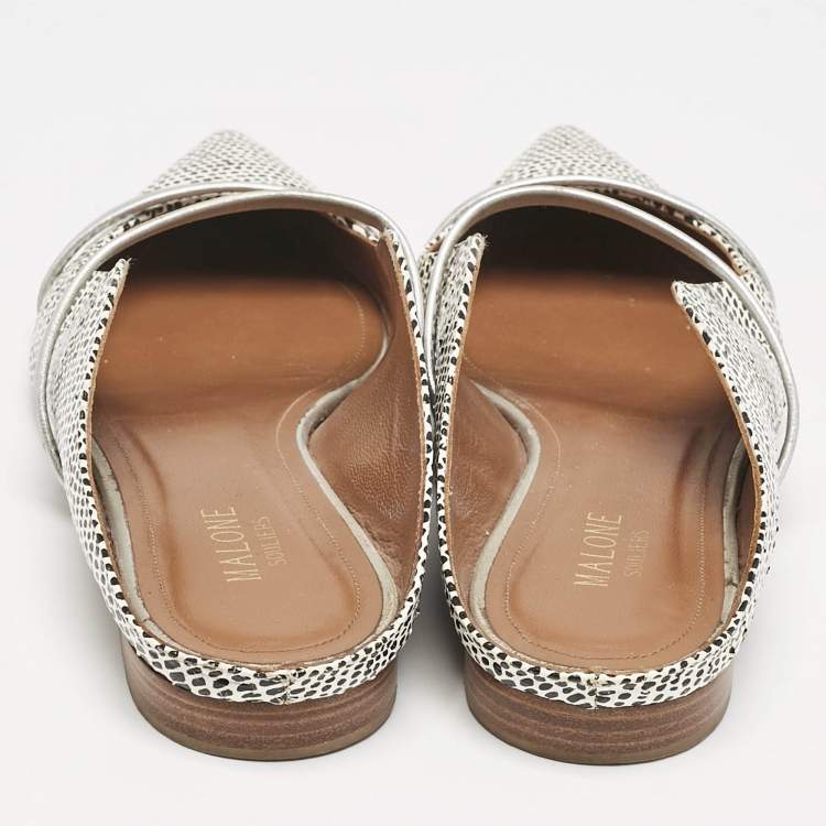 Pre Owned Malone Souliers White/Black Dotted Snakeskin Leather Maureen Flat Mules Size 38