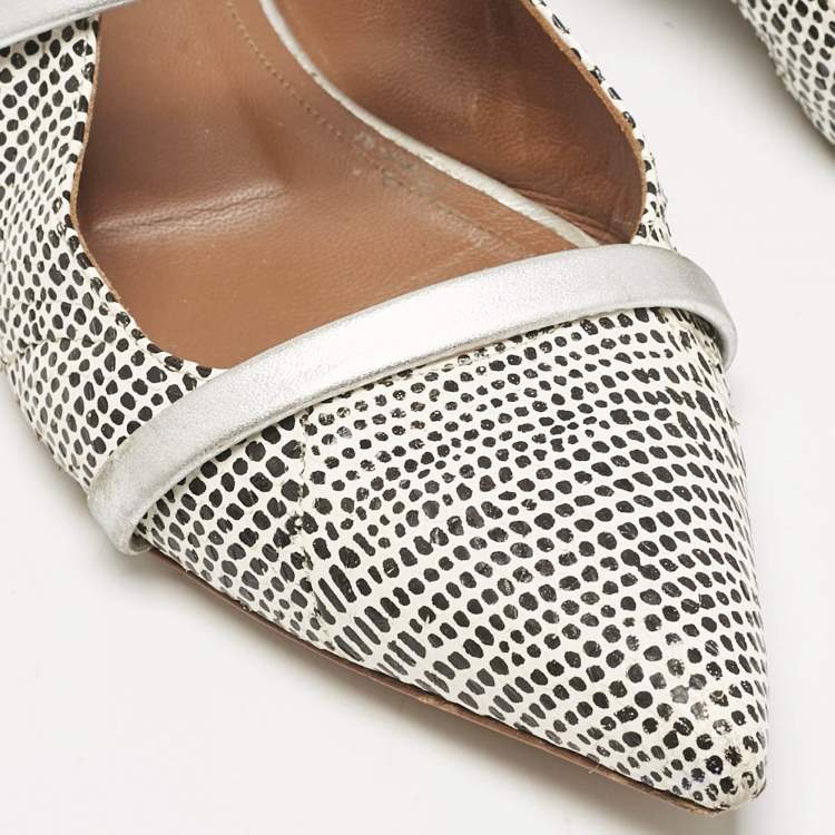 Pre Owned Malone Souliers White/Black Dotted Snakeskin Leather Maureen Flat Mules Size 38