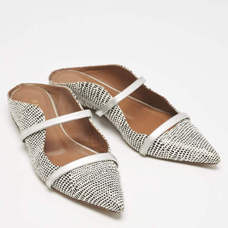Pre Owned Malone Souliers White/Black Dotted Snakeskin Leather Maureen Flat Mules Size 38