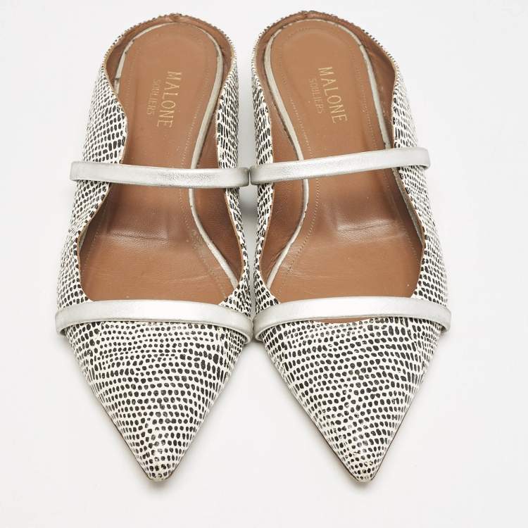 Pre Owned Malone Souliers White/Black Dotted Snakeskin Leather Maureen Flat Mules Size 38