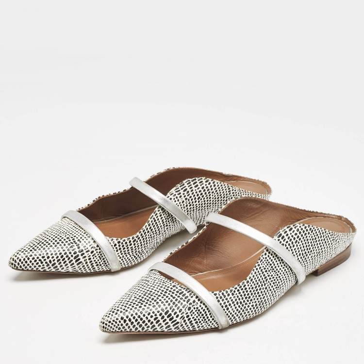 Pre Owned Malone Souliers White/Black Dotted Snakeskin Leather Maureen Flat Mules Size 38