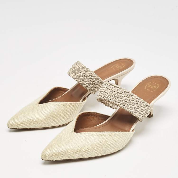 Pre Owned Malone Souliers Light Yellow Raffia and Cord Maisie Pointed Toe Mules Size 40