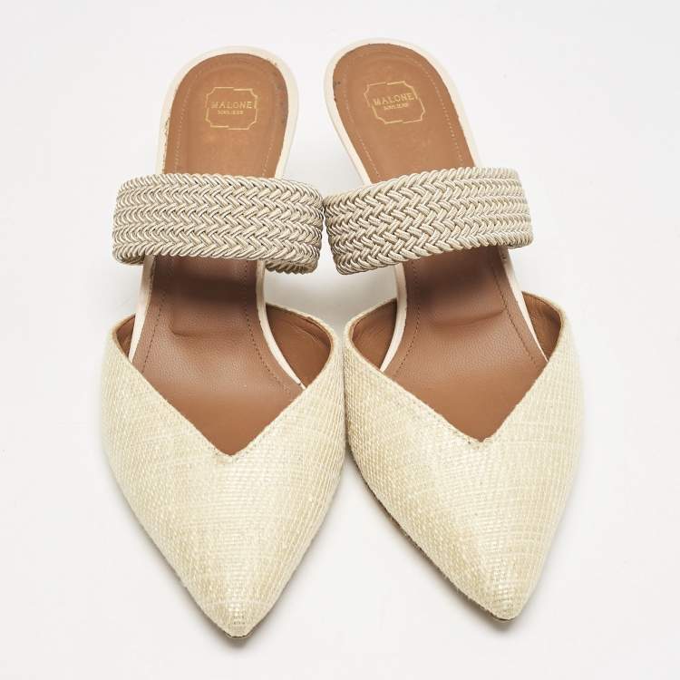Pre Owned Malone Souliers Light Yellow Raffia and Cord Maisie Pointed Toe Mules Size 40