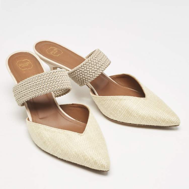 Pre Owned Malone Souliers Light Yellow Raffia and Cord Maisie Pointed Toe Mules Size 40