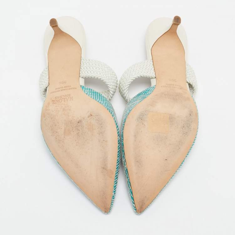 Pre Owned Malone Souliers Blue Woven Raffia and Fabric Maisie Heel Mules Size 39.5