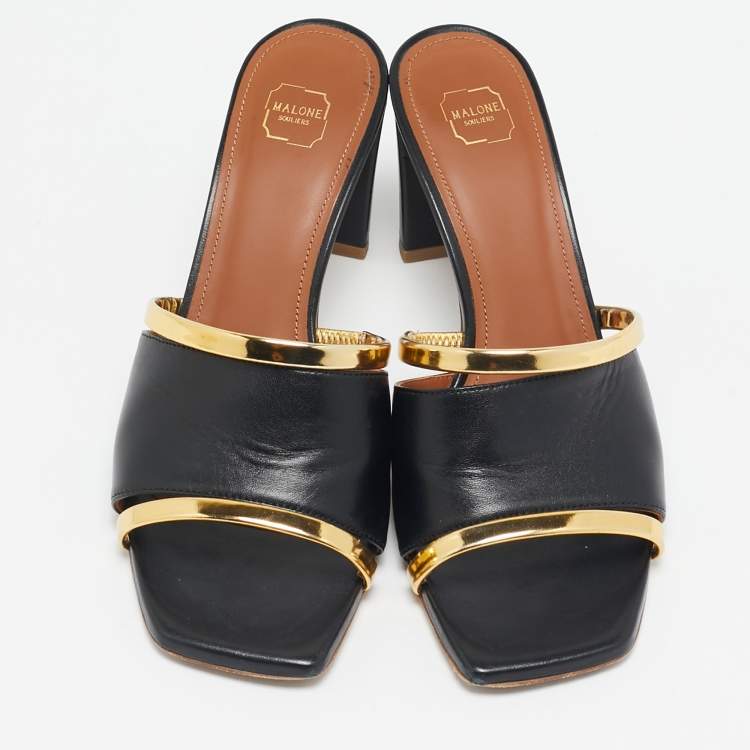 Pre Owned Malone Souliers Black/Gold Leather Laney Demi Slide Sandals Size 37.5