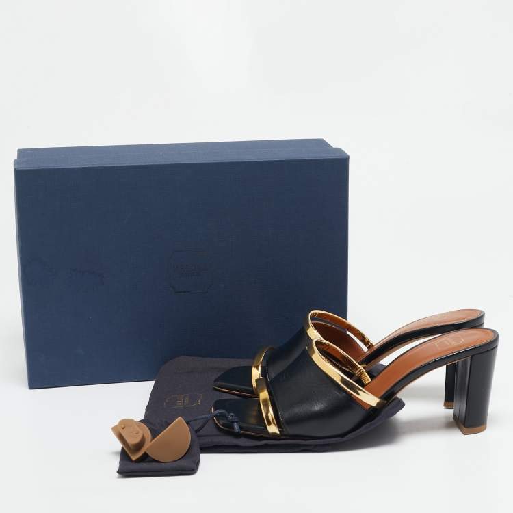 Pre Owned Malone Souliers Black/Gold Leather Laney Demi Slide Sandals Size 37.5