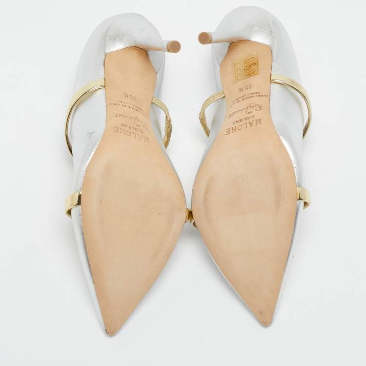 Pre Owned Malone Souliers Silver/Gold Leather Maureen Pointed Toe Mules Size 35.5