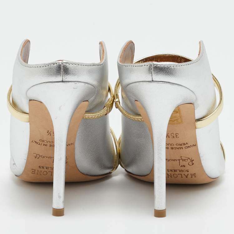 Pre Owned Malone Souliers Silver/Gold Leather Maureen Pointed Toe Mules Size 35.5