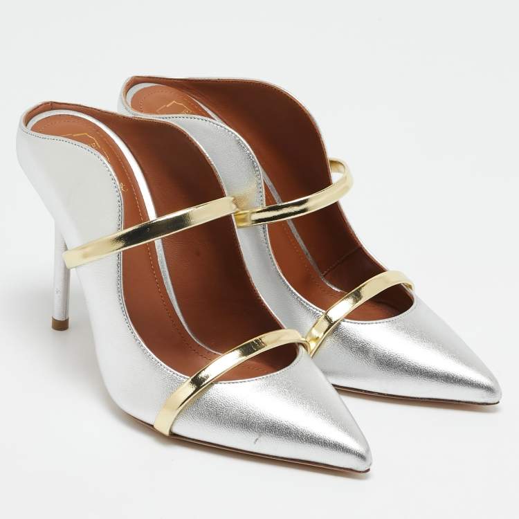 Pre Owned Malone Souliers Silver/Gold Leather Maureen Pointed Toe Mules Size 35.5