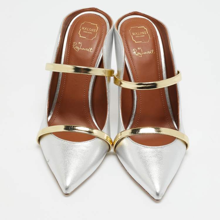 Pre Owned Malone Souliers Silver/Gold Leather Maureen Pointed Toe Mules Size 35.5