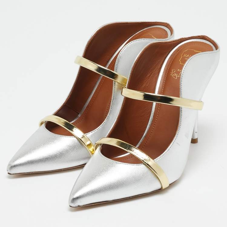 Pre Owned Malone Souliers Silver/Gold Leather Maureen Pointed Toe Mules Size 35.5