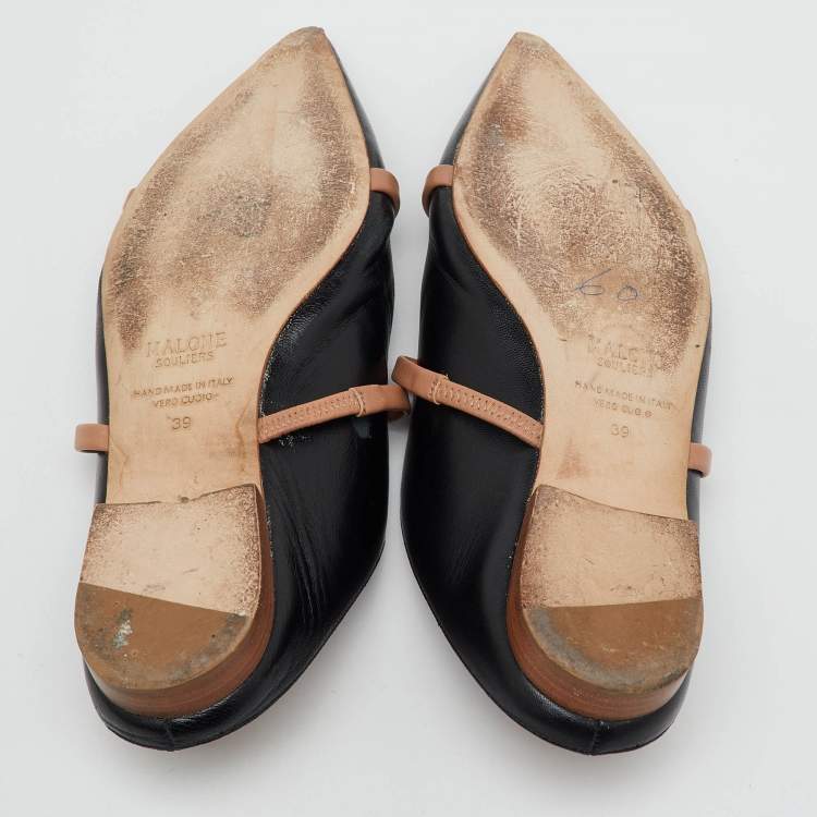 Pre Owned Malone Souliers Black/Beige Leather Maureen Pointed Toe Flat Mules Size 39
