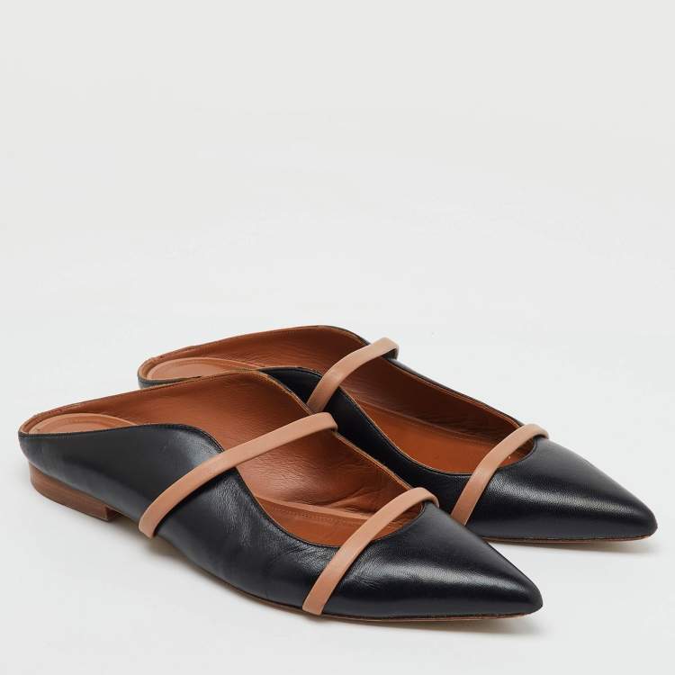 Pre Owned Malone Souliers Black/Beige Leather Maureen Pointed Toe Flat Mules Size 39
