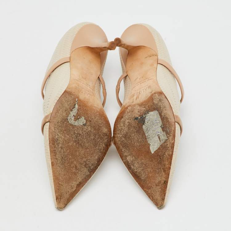 Pre Owned Malone Souliers Off White/Beige Woven Leather Maureen Pointed Toe Mules Size 38