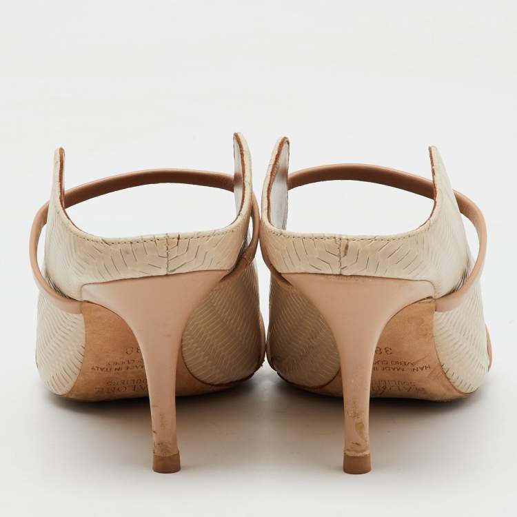 Pre Owned Malone Souliers Off White/Beige Woven Leather Maureen Pointed Toe Mules Size 38