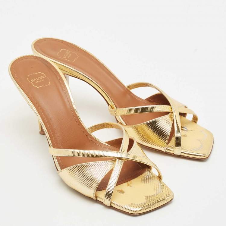 Pre Owned Malone Souliers Gold Textured Leather Penn Slide Sandals Size 38