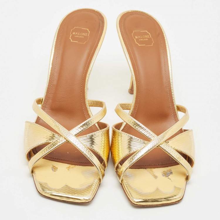 Pre Owned Malone Souliers Gold Textured Leather Penn Slide Sandals Size 38