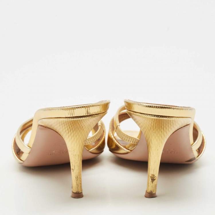 Pre Owned Malone Souliers Gold Textured Leather Penn Slide Sandals Size 38