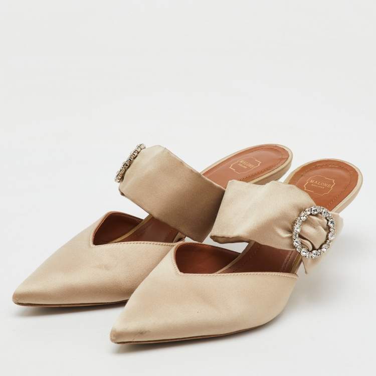 Pre Owned Malone Souliers Beige Satin Maite 45 Crystal Embellished Mules Size 38