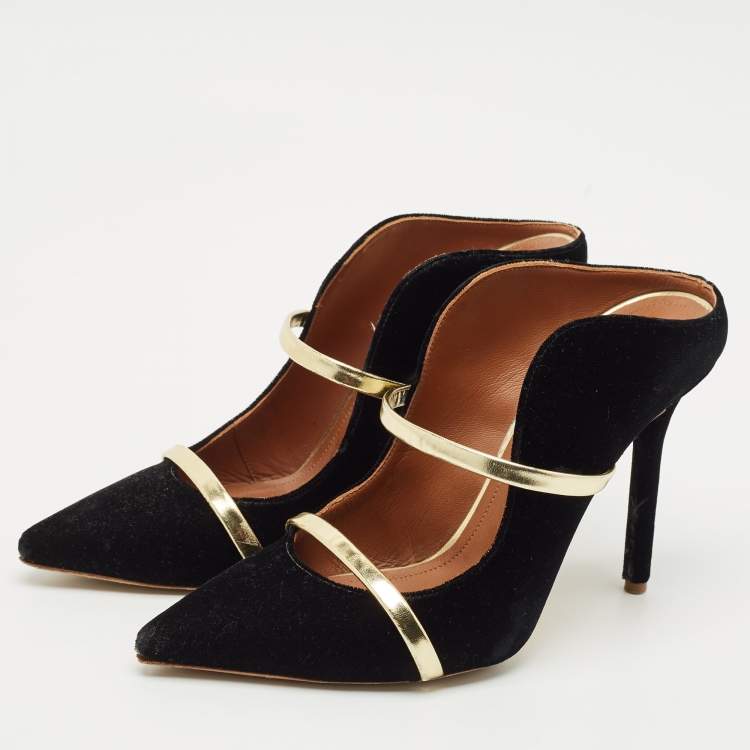 Pre Owned Malone Souliers Black/Gold Velvet and Leather Maureen Pointed Toe Mules Size 38