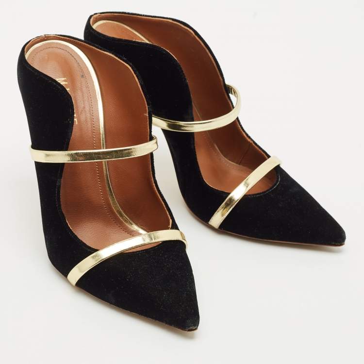 Pre Owned Malone Souliers Black/Gold Velvet and Leather Maureen Pointed Toe Mules Size 38