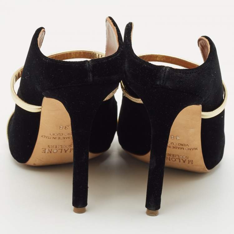 Pre Owned Malone Souliers Black/Gold Velvet and Leather Maureen Pointed Toe Mules Size 38