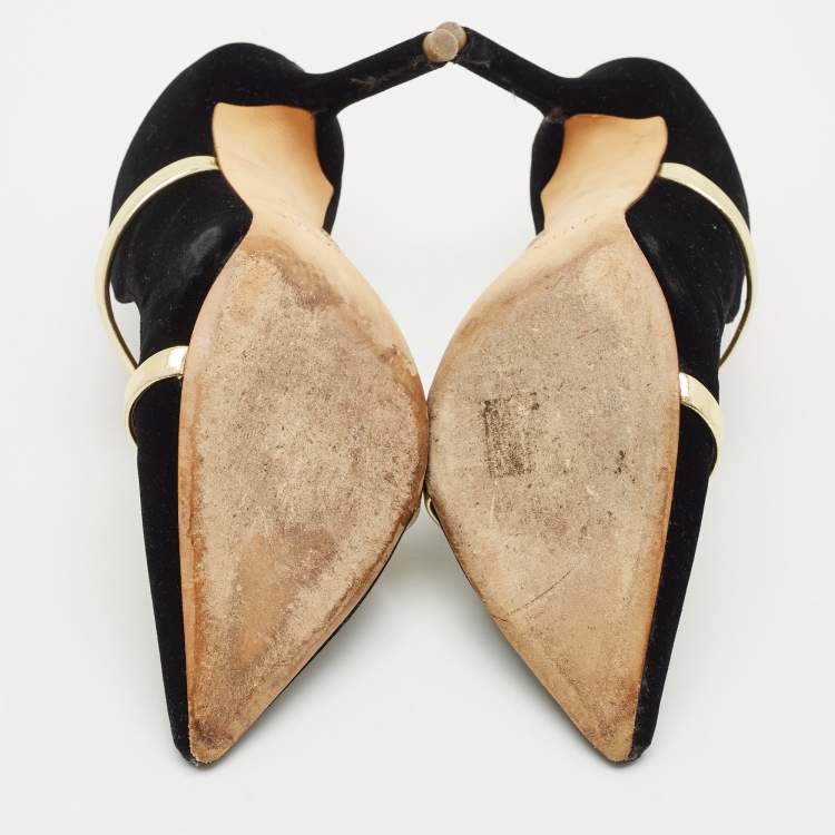 Pre Owned Malone Souliers Black/Gold Velvet and Leather Maureen Pointed Toe Mules Size 38