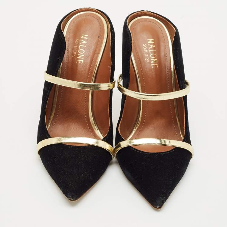 Pre Owned Malone Souliers Black/Gold Velvet and Leather Maureen Pointed Toe Mules Size 38