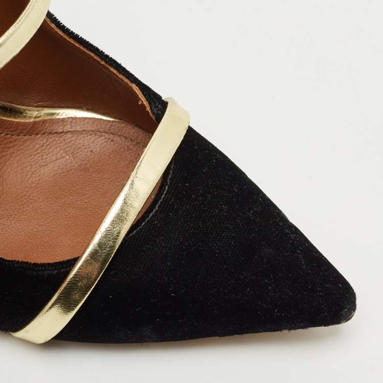 Pre Owned Malone Souliers Black/Gold Velvet and Leather Maureen Pointed Toe Mules Size 38