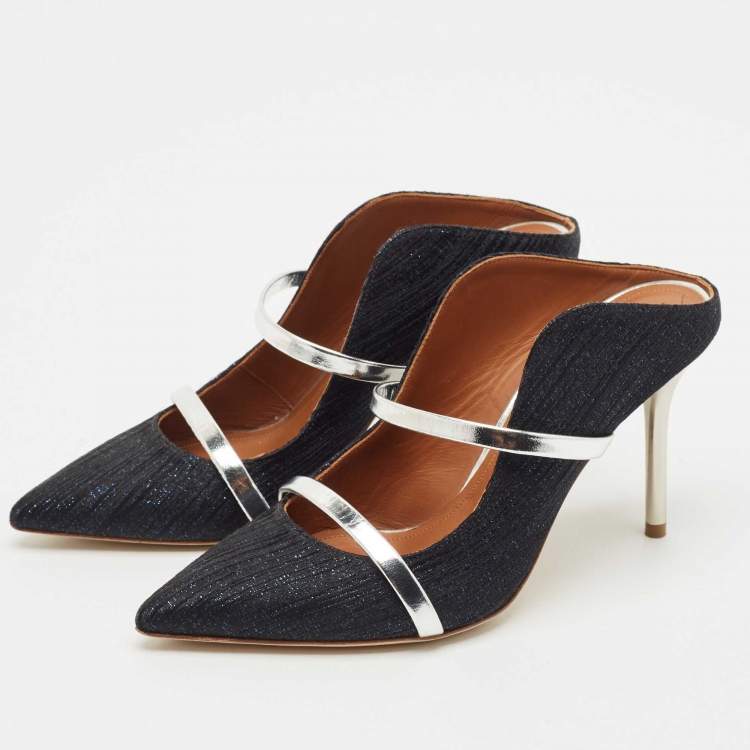 Pre Owned Malone Souliers Navy Blue Lurex Fabric Maureen Heel Mules Size 37