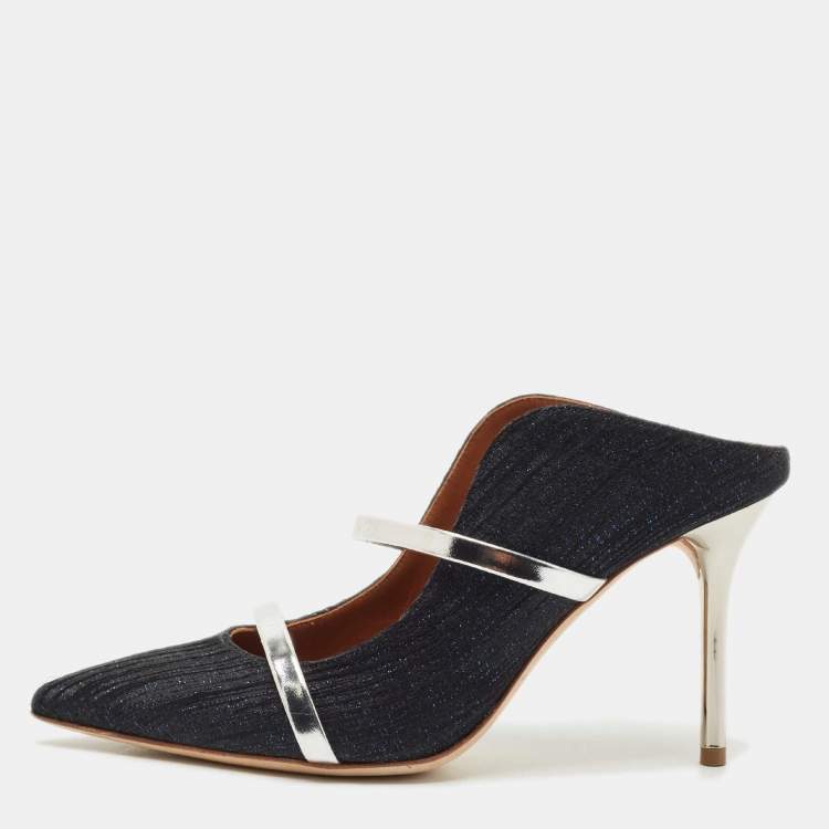 Pre Owned Malone Souliers Navy Blue Lurex Fabric Maureen Heel Mules Size 37
