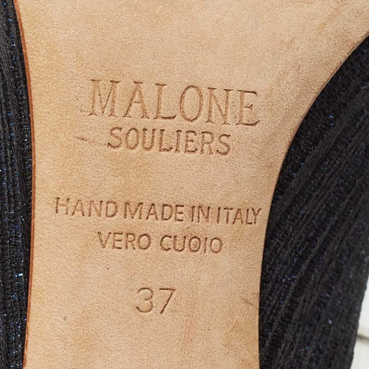 Pre Owned Malone Souliers Navy Blue Lurex Fabric Maureen Heel Mules Size 37