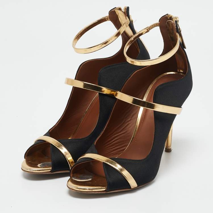 Pre Owned Malone Souliers Black/Gold Satin and Leather Mika Ankle Strap Sandals Size 37.5