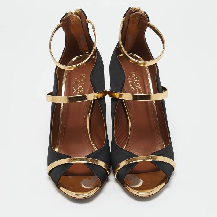 Pre Owned Malone Souliers Black/Gold Satin and Leather Mika Ankle Strap Sandals Size 37.5